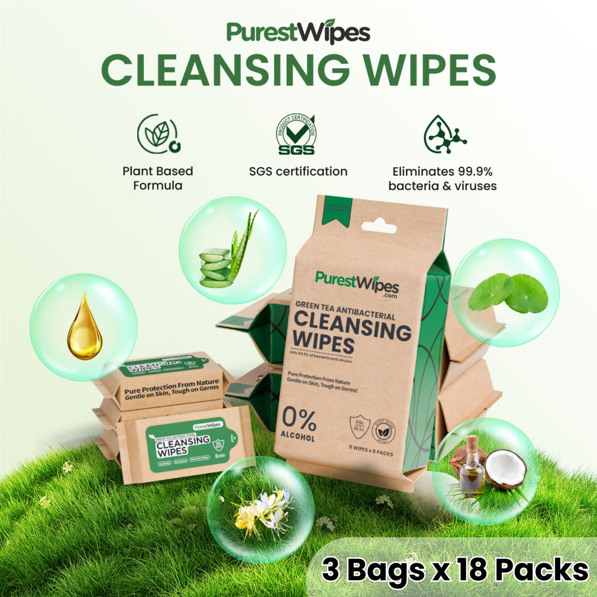 Green Tea Antibacterial Wipes — 3 Bags