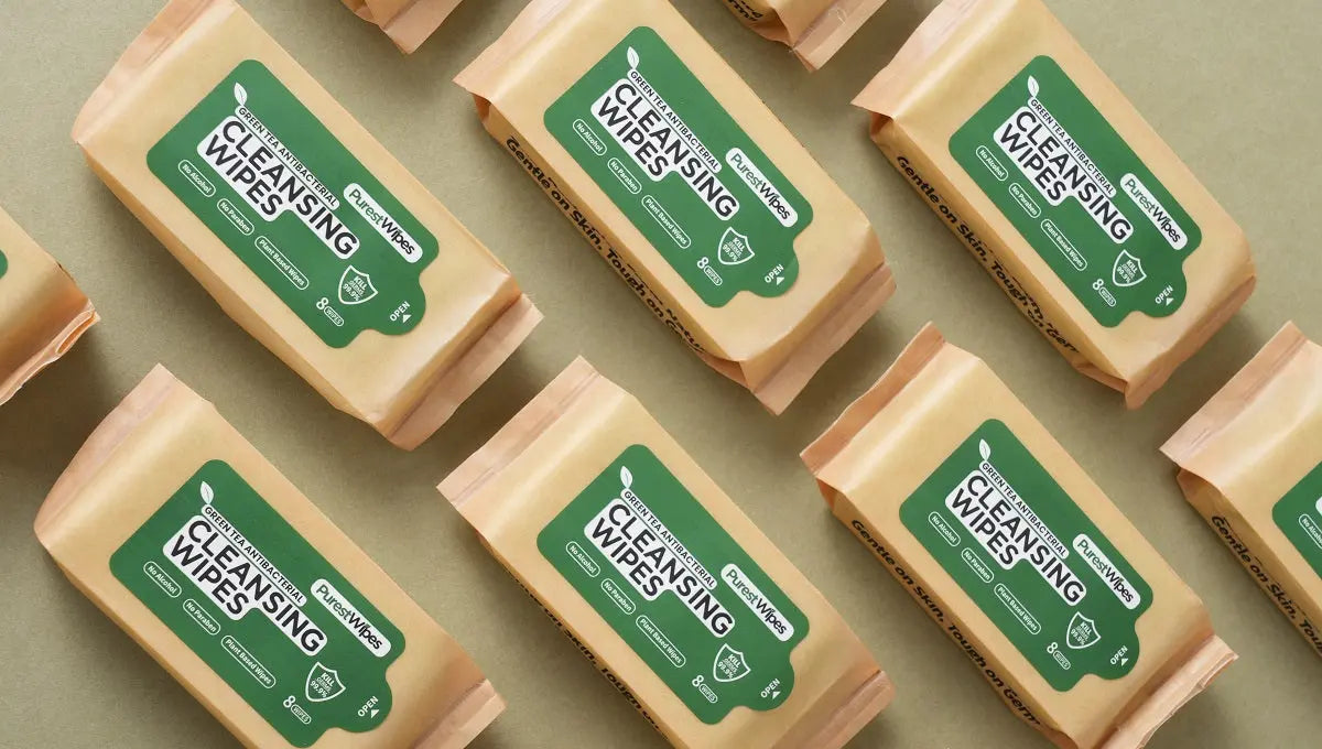 PurestWipes cleansing-wipe packets arranged on a warm neutral surface